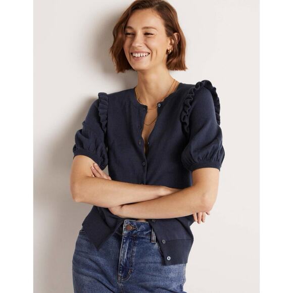 Boden Frill Shoulder Navy Blue Puff Sleeve Cotton Cardigan Sweater - Picture 1 of 8